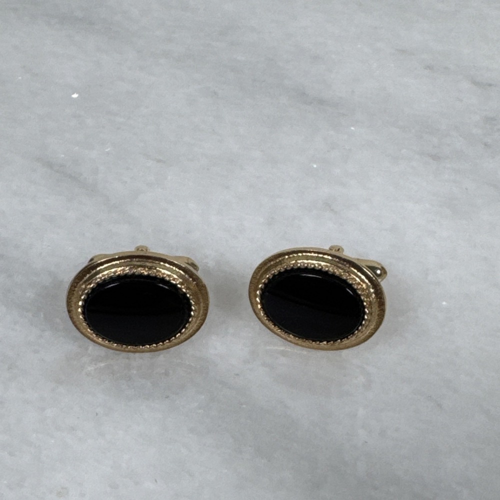 Vintage Avon Black Resin oval cufflinks raised polished and brushed gold tone